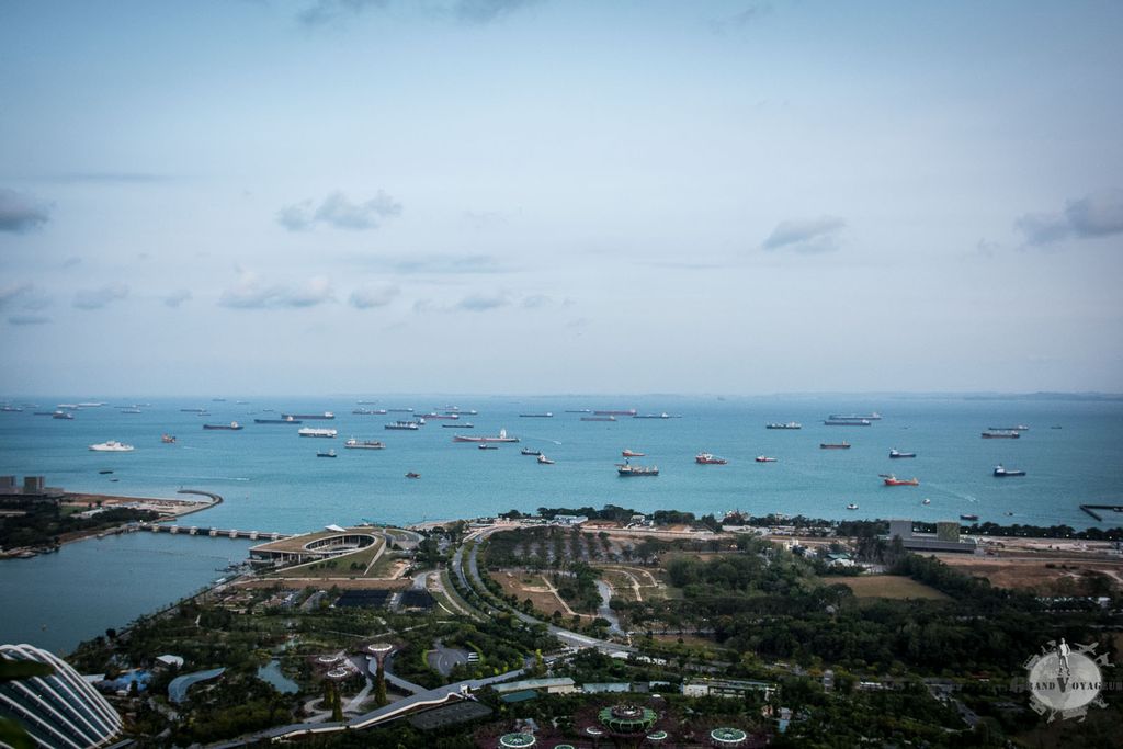 Depuis la terrasse, nous observons les dizaines de cargos patientant dans la baie avant de pouvoir décharger leur cargaison.