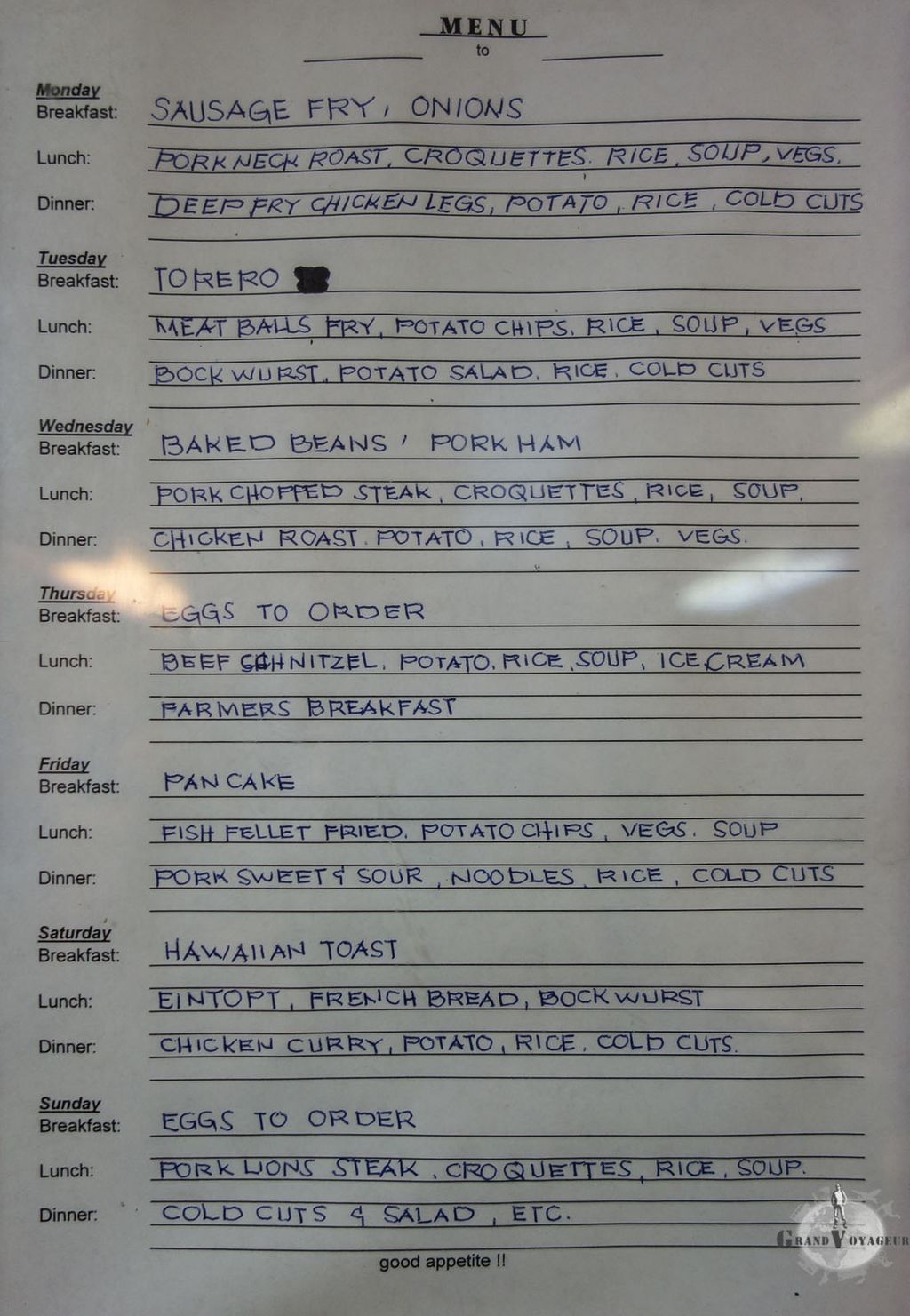 Le menu de la semaine. Gras et frit à souhait. Le menu de la semaine. Gras et frit à souhait.